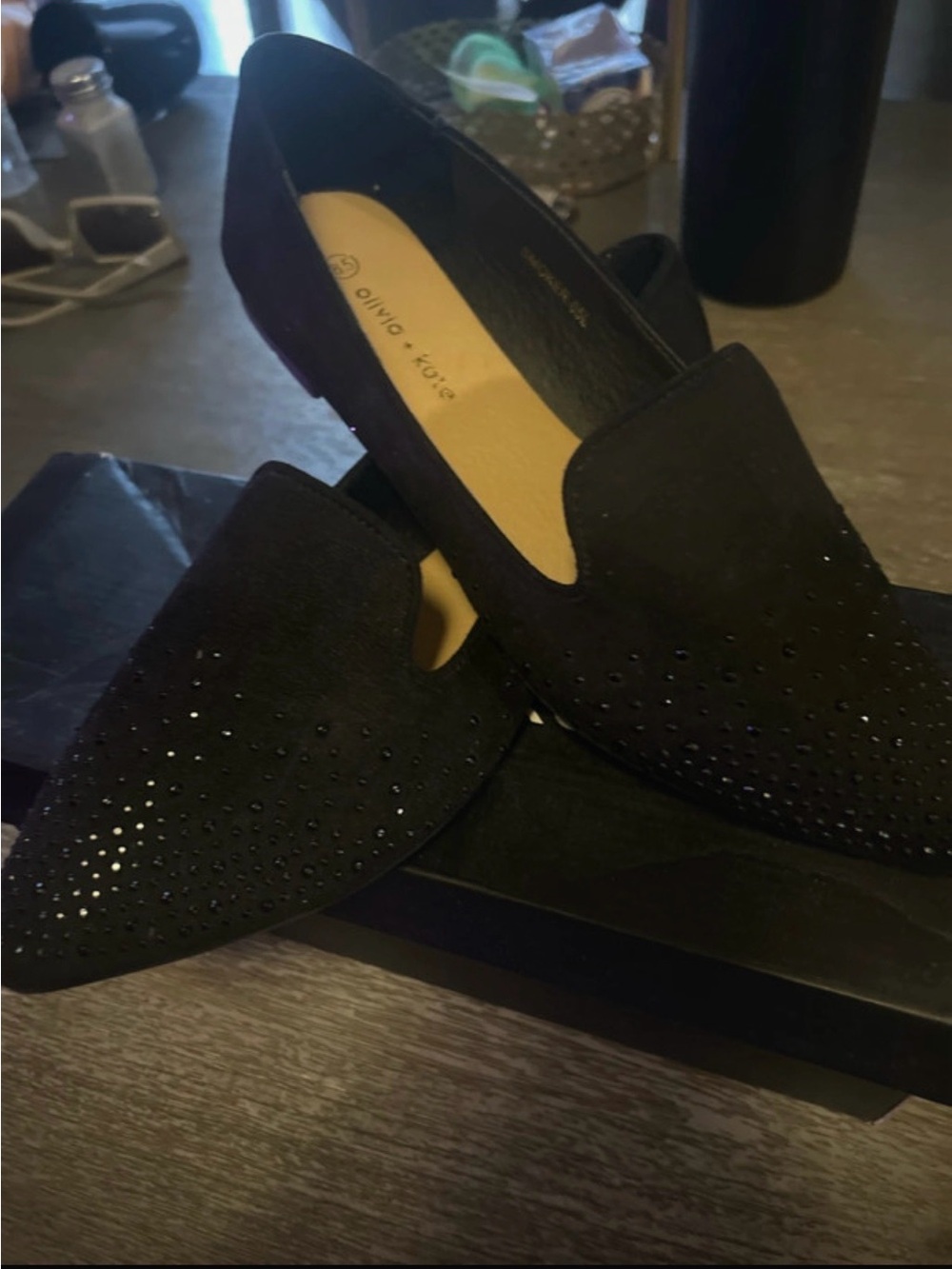 Olivia + Kate Black Pointed Rhinestone Flats